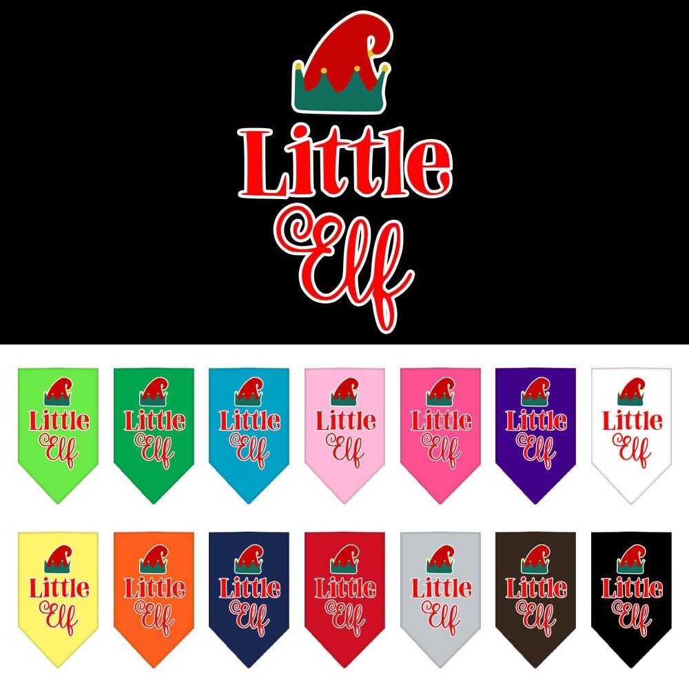 A festive Christmas pet bandana featuring a 'Little Elf' design, perfect for dogs of all sizes, tied around a dog's neck.