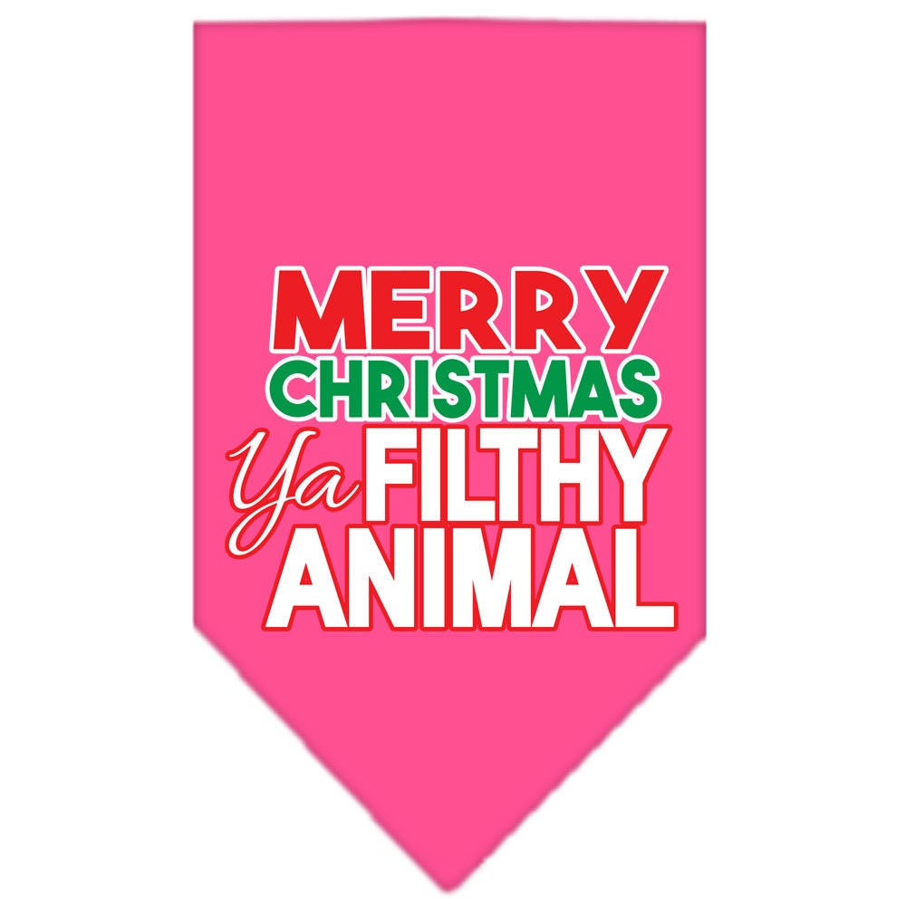 A festive Christmas dog bandana with the phrase 'Merry Christmas, Ya Filthy Animal' screen printed, designed for pets to wear during the holiday season.