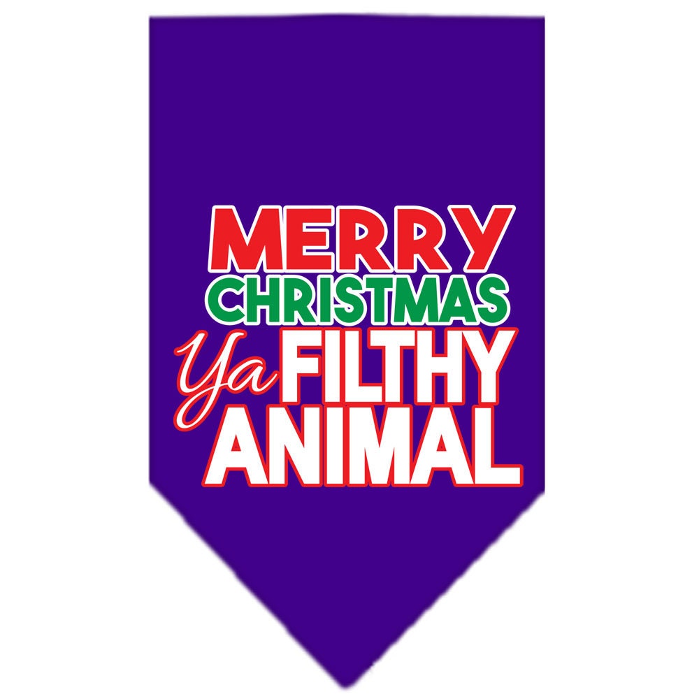A festive Christmas dog bandana with the phrase 'Merry Christmas, Ya Filthy Animal' screen printed, designed for pets to wear during the holiday season.