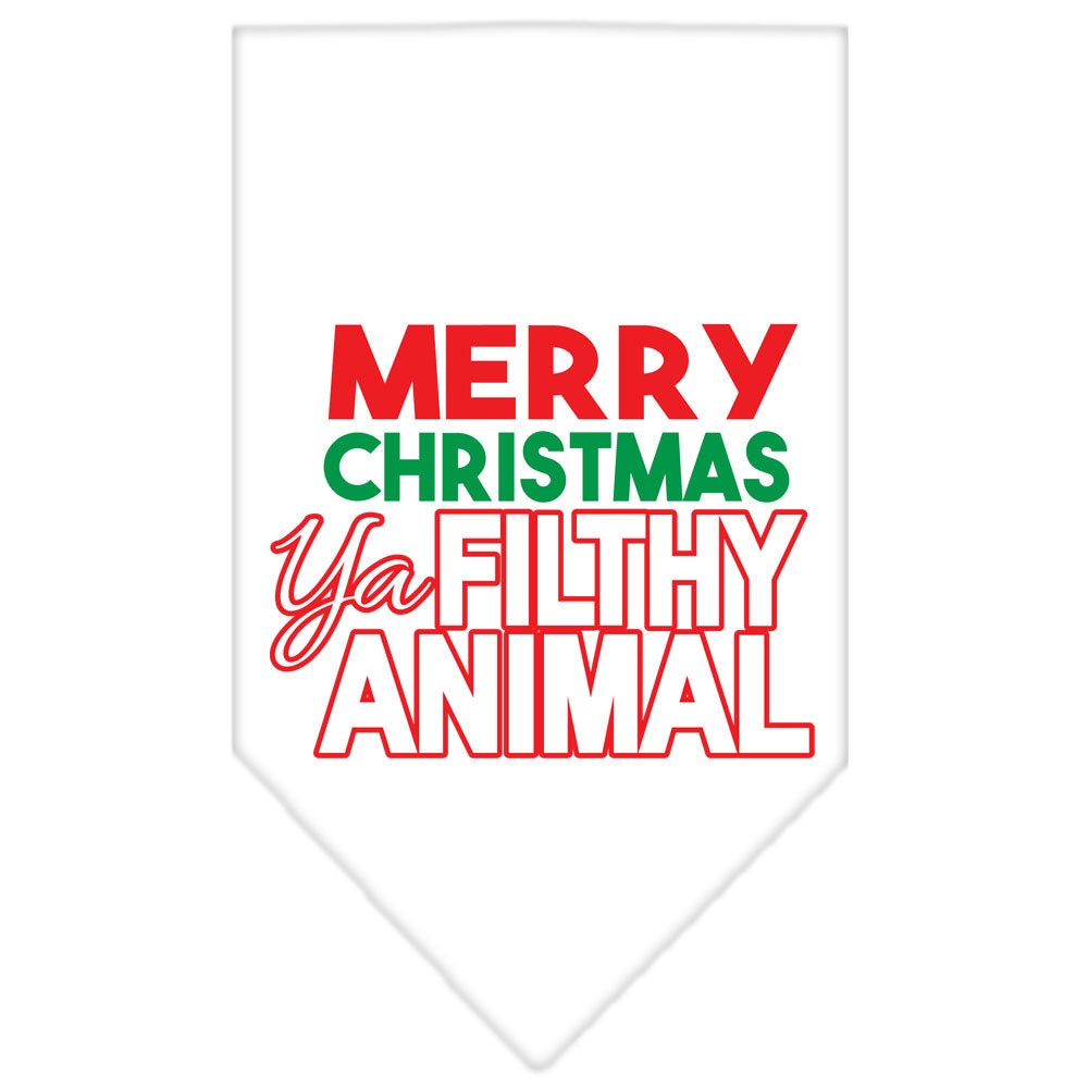 A festive Christmas dog bandana with the phrase 'Merry Christmas, Ya Filthy Animal' screen printed, designed for pets to wear during the holiday season.
