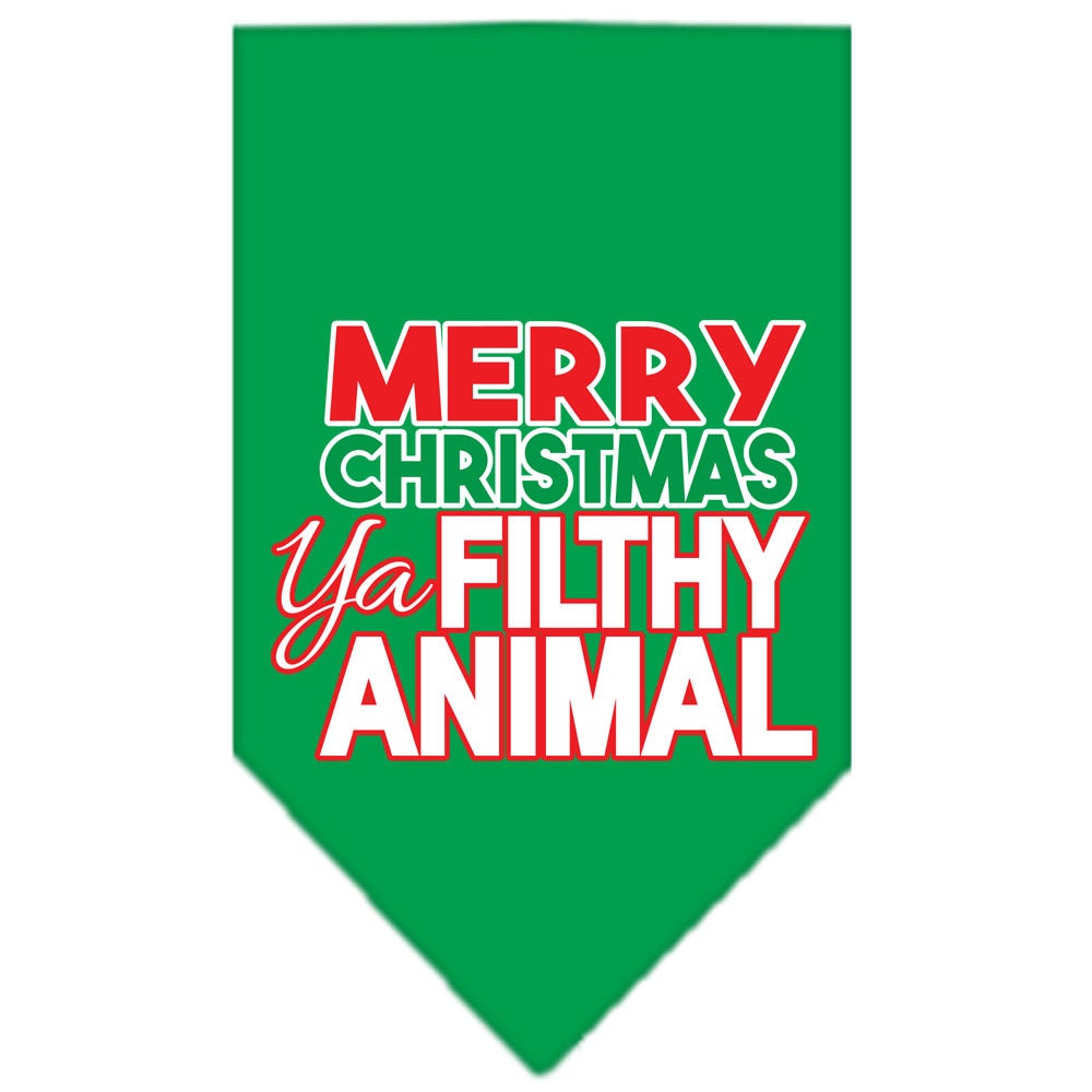 A festive Christmas dog bandana with the phrase 'Merry Christmas, Ya Filthy Animal' screen printed, designed for pets to wear during the holiday season.