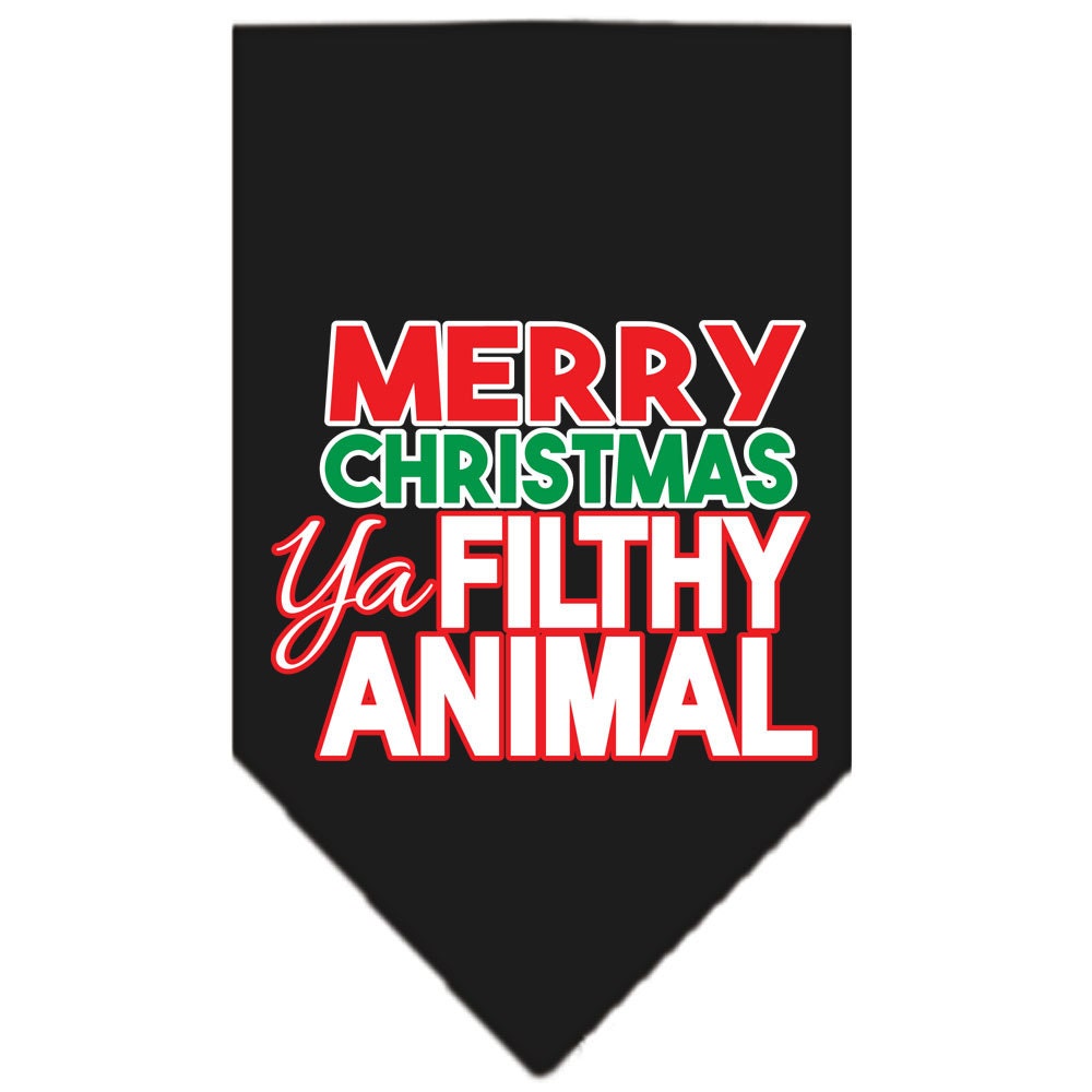A festive Christmas dog bandana with the phrase 'Merry Christmas, Ya Filthy Animal' screen printed, designed for pets to wear during the holiday season.