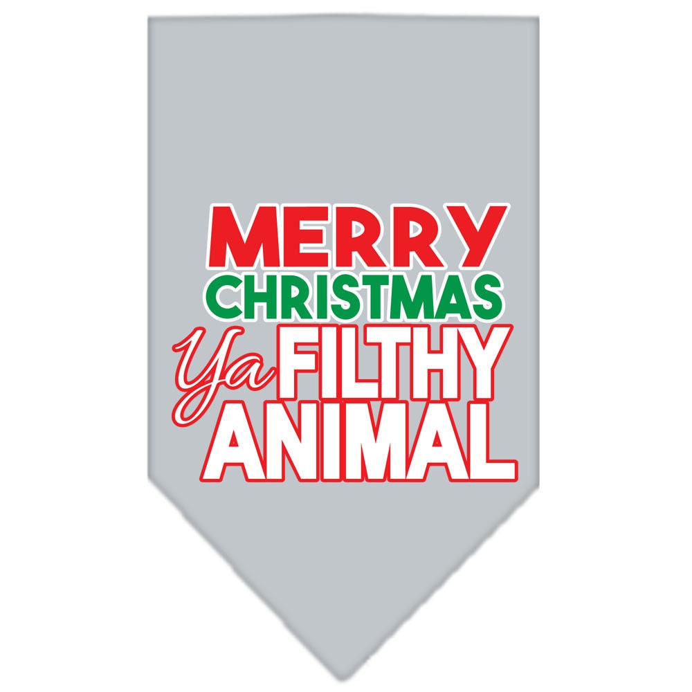 A festive Christmas dog bandana with the phrase 'Merry Christmas, Ya Filthy Animal' screen printed, designed for pets to wear during the holiday season.