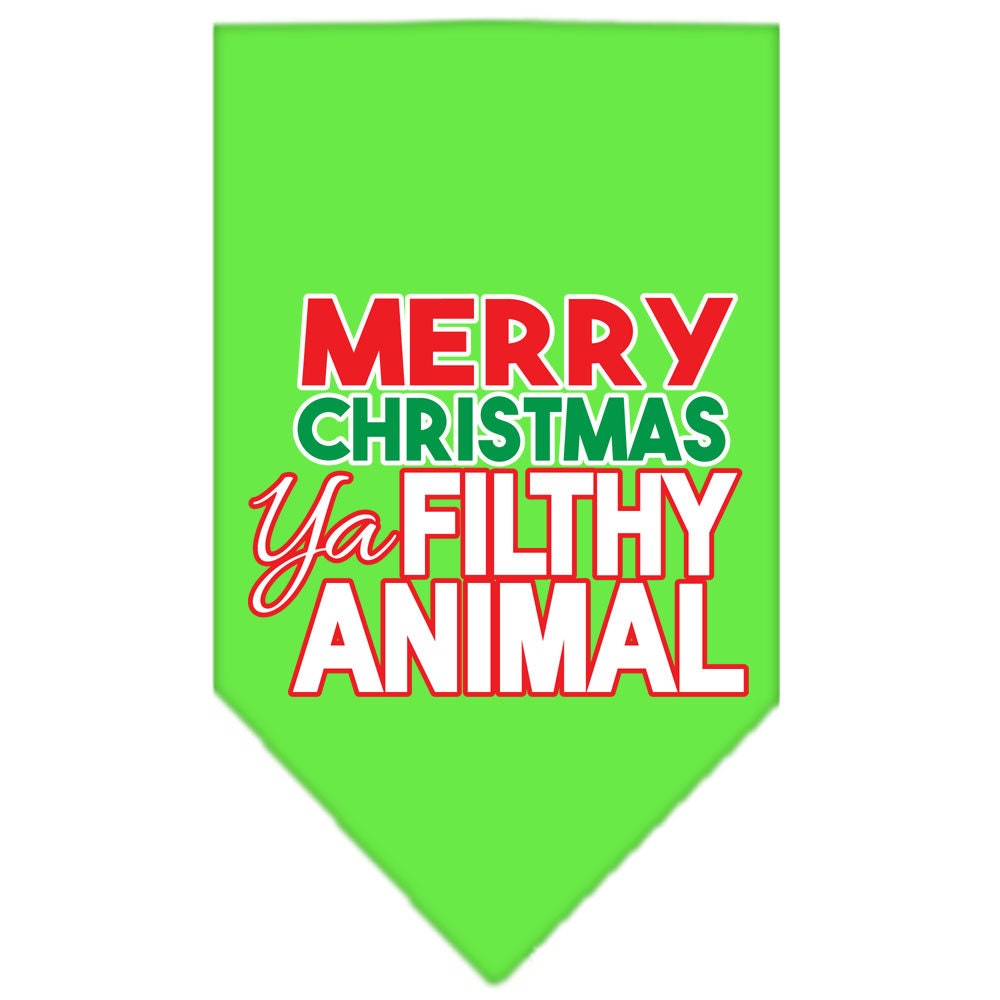 A festive Christmas dog bandana with the phrase 'Merry Christmas, Ya Filthy Animal' screen printed, designed for pets to wear during the holiday season.