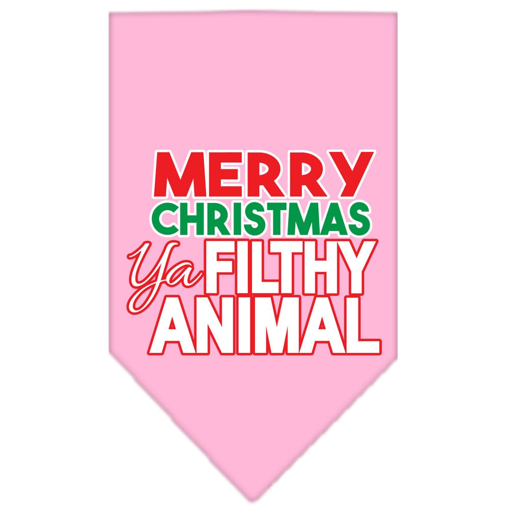 A festive Christmas dog bandana with the phrase 'Merry Christmas, Ya Filthy Animal' screen printed, designed for pets to wear during the holiday season.