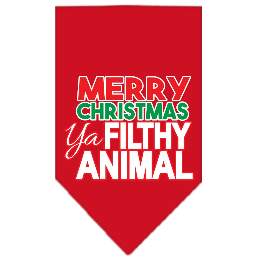 A festive Christmas dog bandana with the phrase 'Merry Christmas, Ya Filthy Animal' screen printed, designed for pets to wear during the holiday season.