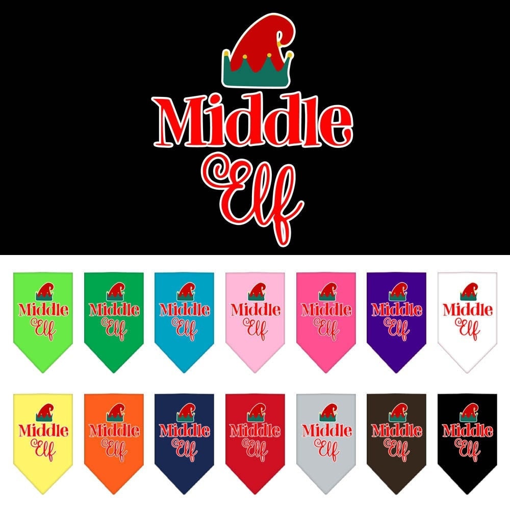 A festive Christmas pet bandana featuring a 'Middle Elf' design, perfect for dogs of all sizes, showcasing vibrant colors and a tie-on style.
