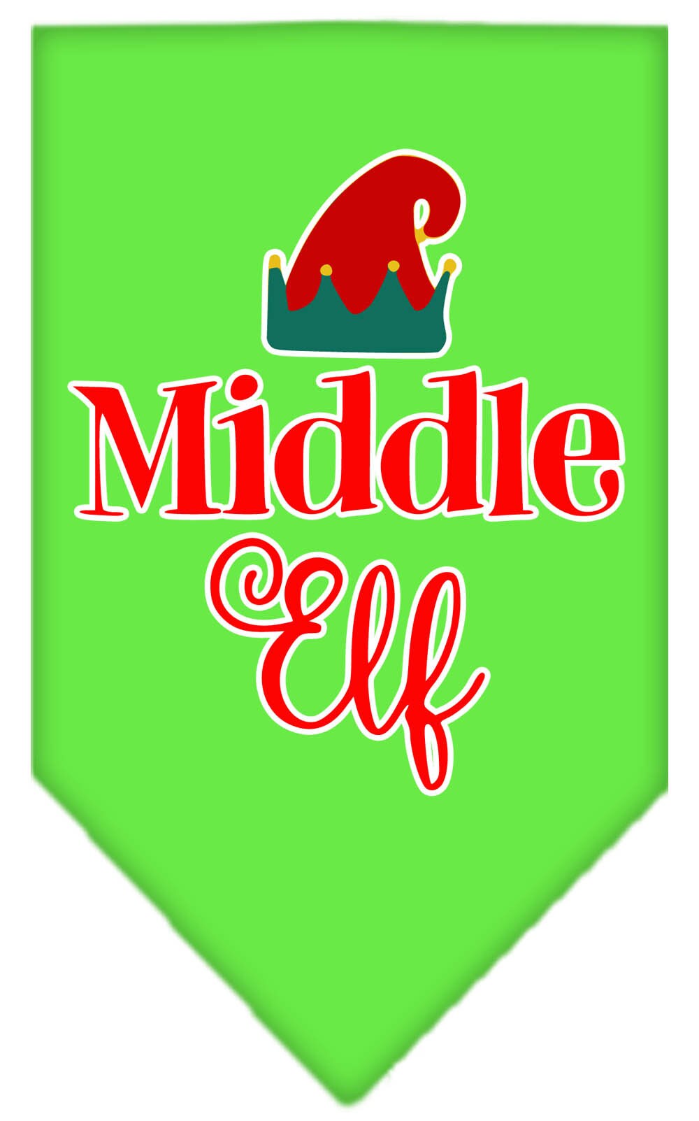 A festive Christmas pet bandana featuring a 'Middle Elf' design, perfect for dogs of all sizes, showcasing vibrant colors and a tie-on style.