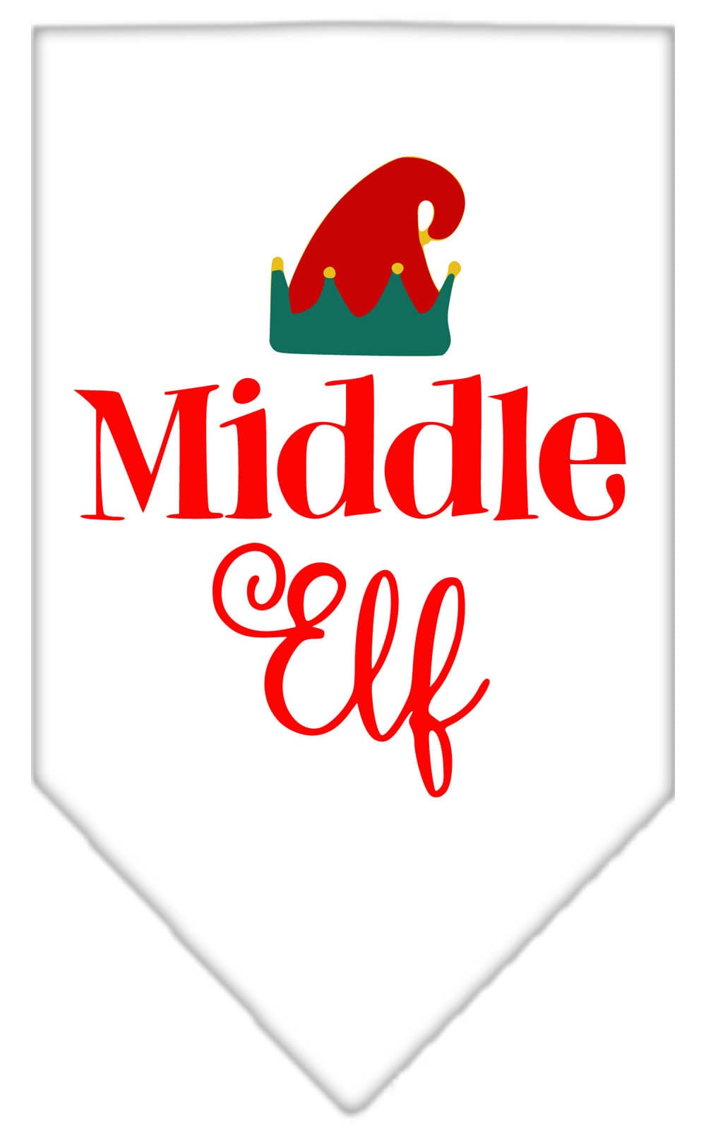 A festive Christmas pet bandana featuring a 'Middle Elf' design, perfect for dogs of all sizes, showcasing vibrant colors and a tie-on style.