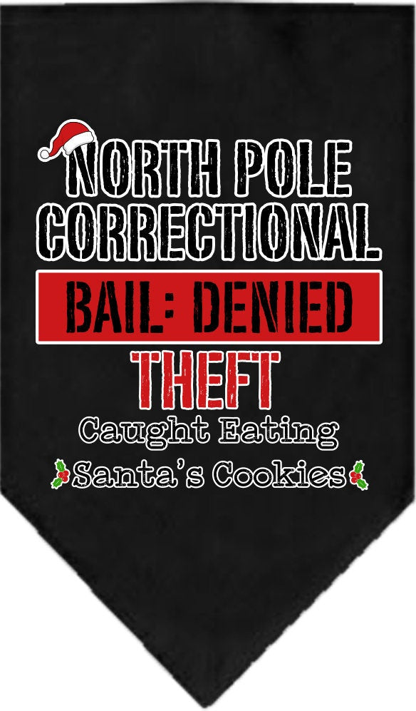 Christmas Pet and Dog Bandana featuring North Pole Correctional design, available in small and large sizes, tie-on style.