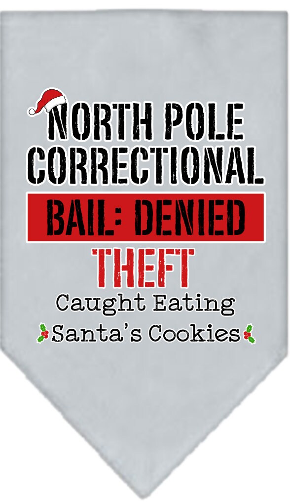 Christmas Pet and Dog Bandana featuring North Pole Correctional design, available in small and large sizes, tie-on style.