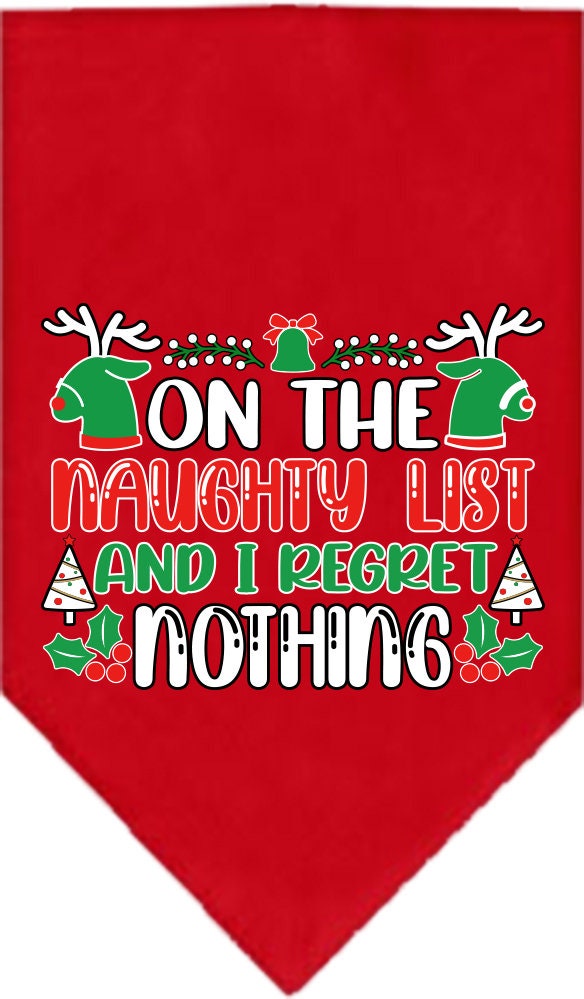 Christmas Pet and Dog Bandana featuring 'On The Naughty List And I Regret Nothing' design, available in small and large sizes, tie-on style.