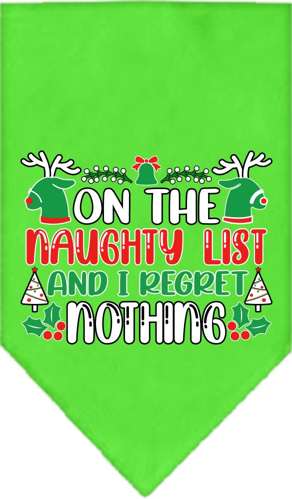 Christmas Pet and Dog Bandana featuring 'On The Naughty List And I Regret Nothing' design, available in small and large sizes, tie-on style.