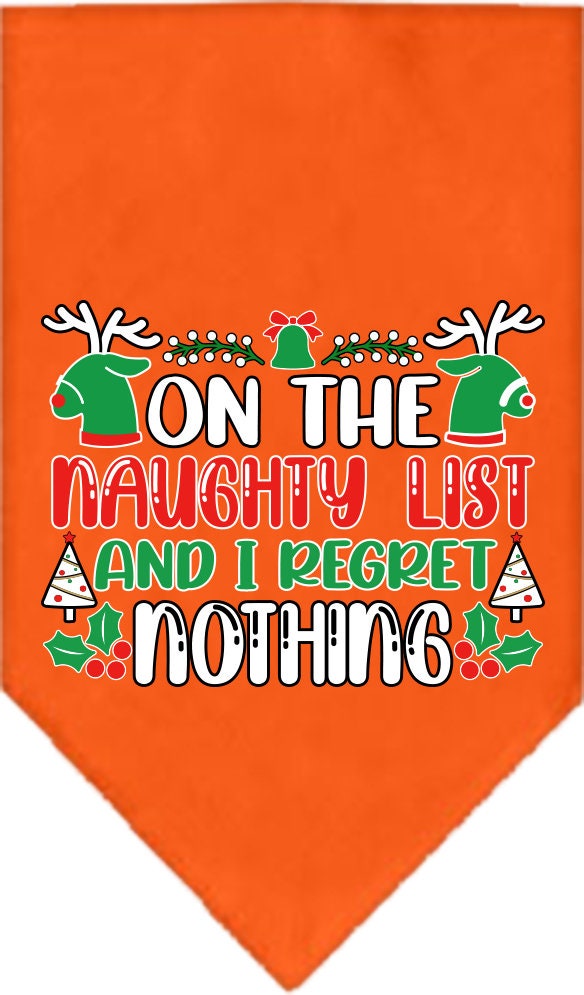 Christmas Pet and Dog Bandana featuring 'On The Naughty List And I Regret Nothing' design, available in small and large sizes, tie-on style.