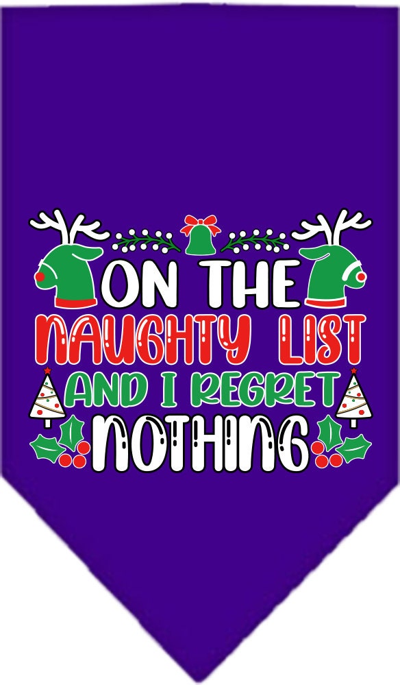 Christmas Pet and Dog Bandana featuring 'On The Naughty List And I Regret Nothing' design, available in small and large sizes, tie-on style.