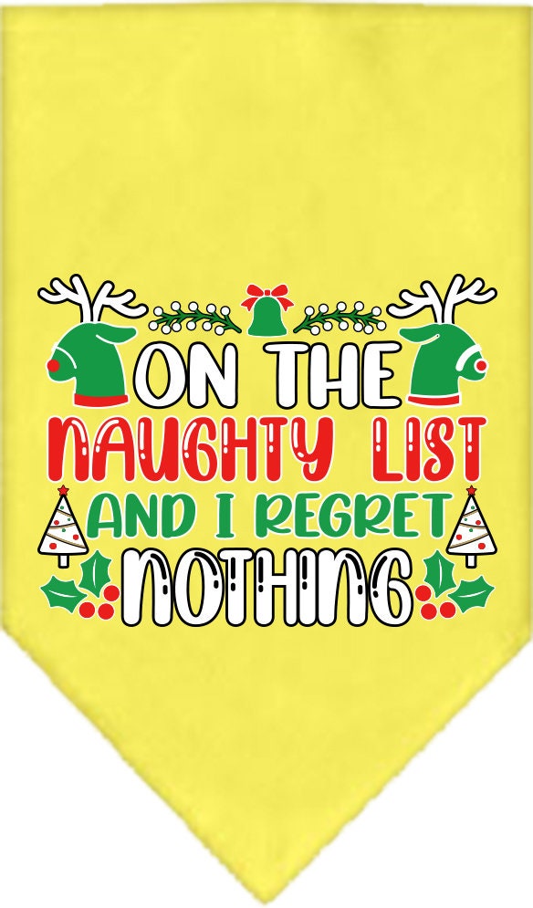 Christmas Pet and Dog Bandana featuring 'On The Naughty List And I Regret Nothing' design, available in small and large sizes, tie-on style.