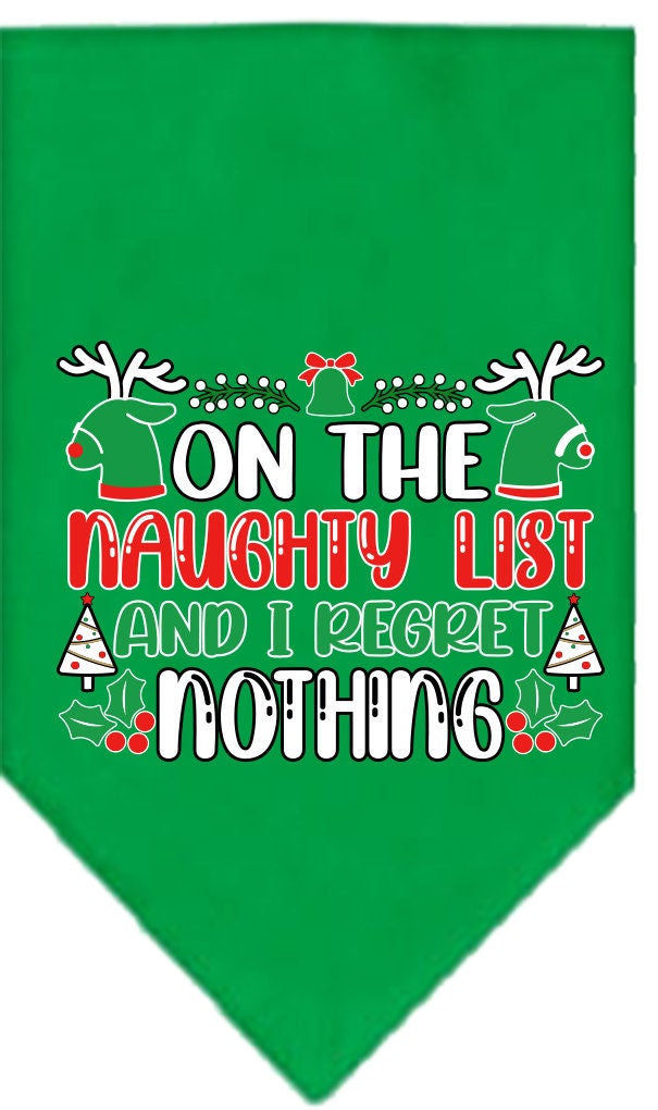 Christmas Pet and Dog Bandana featuring 'On The Naughty List And I Regret Nothing' design, available in small and large sizes, tie-on style.