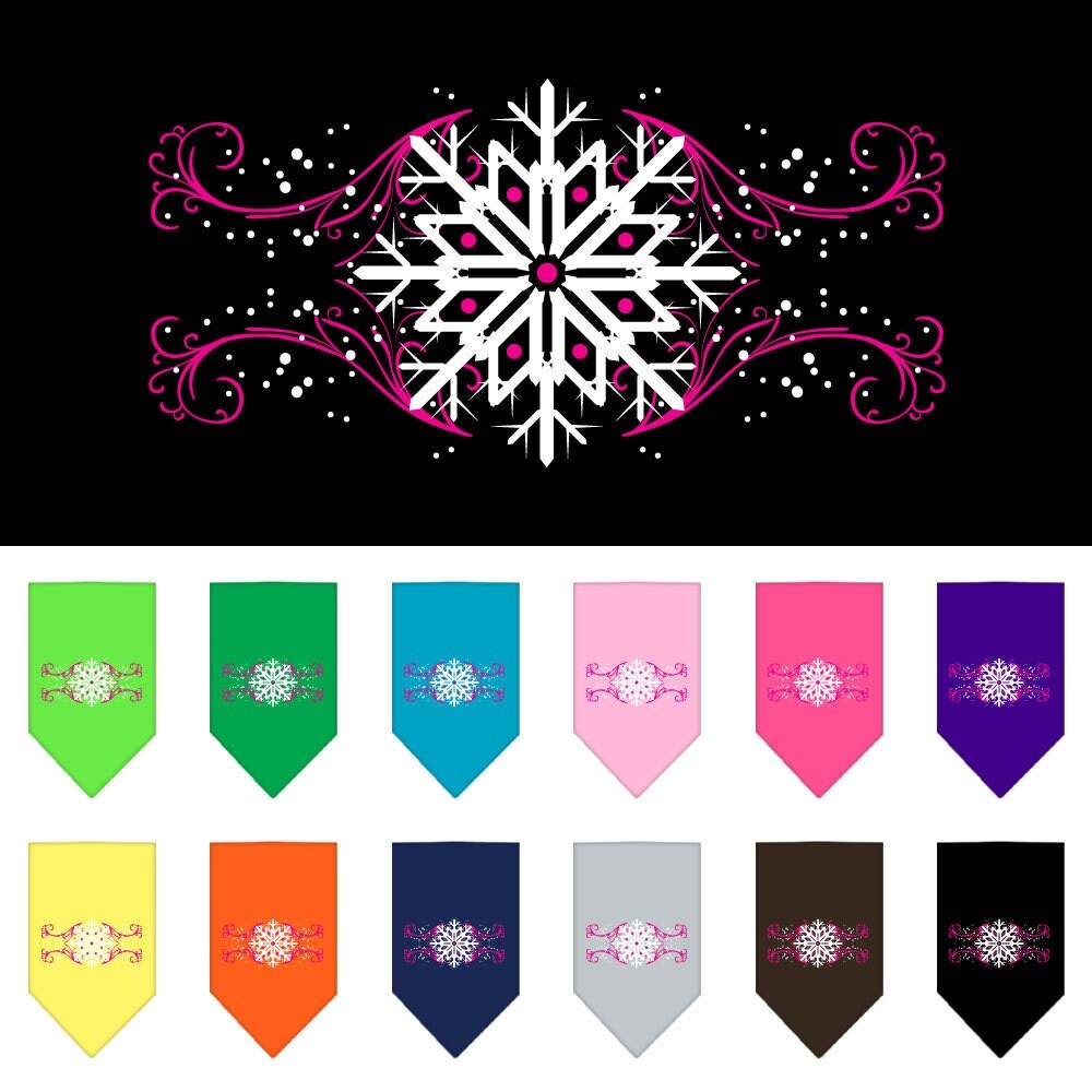 A pink dog bandana with snowflake swirls design, perfect for Christmas celebrations, tied around a dog's neck.