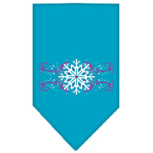 A pink dog bandana with snowflake swirls design, perfect for Christmas celebrations, tied around a dog's neck.