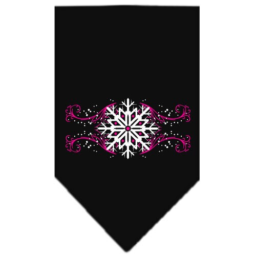 A pink dog bandana with snowflake swirls design, perfect for Christmas celebrations, tied around a dog's neck.