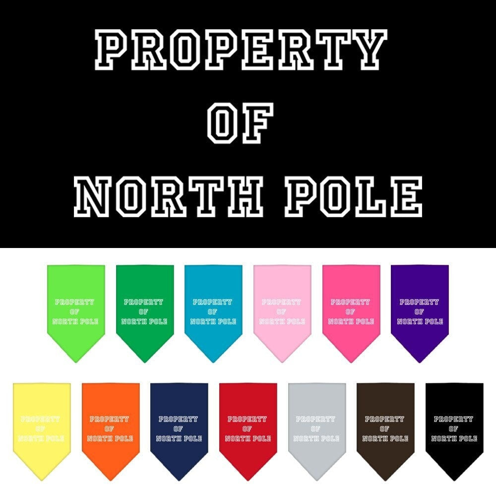 Christmas Pet and Dog Bandana with 'Property Of North Pole' design, available in small and large sizes, tie-on style.