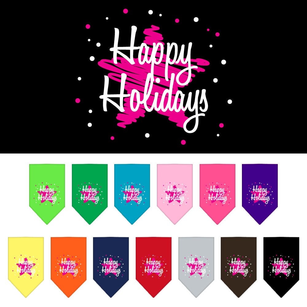 A festive Christmas pet bandana featuring a 'Scribble Happy Holidays' design, perfect for dogs of all sizes, showcasing a cheerful holiday spirit.