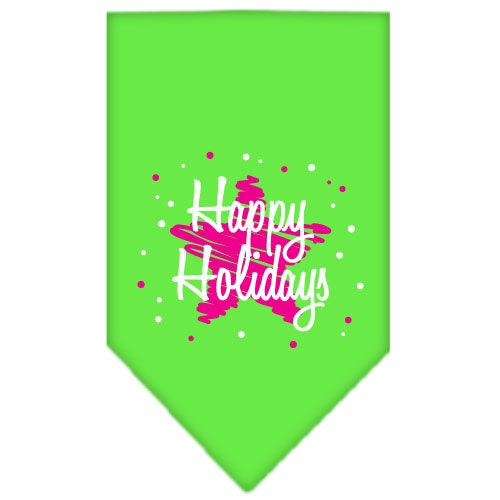 A festive Christmas pet bandana featuring a 'Scribble Happy Holidays' design, perfect for dogs of all sizes, showcasing a cheerful holiday spirit.