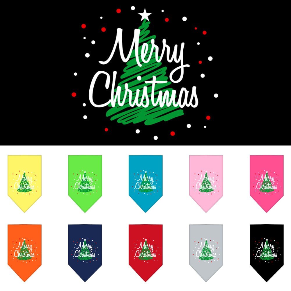 A festive Christmas pet bandana featuring a 'Scribble Merry Christmas' design, perfect for dogs of all sizes.