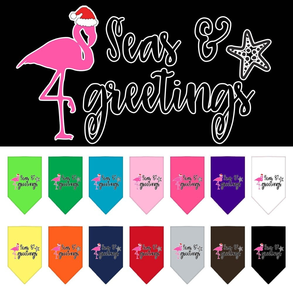 A festive Christmas pet bandana featuring the design 'Seas & Greetings', perfect for dogs of all sizes, showcasing a vibrant holiday theme.