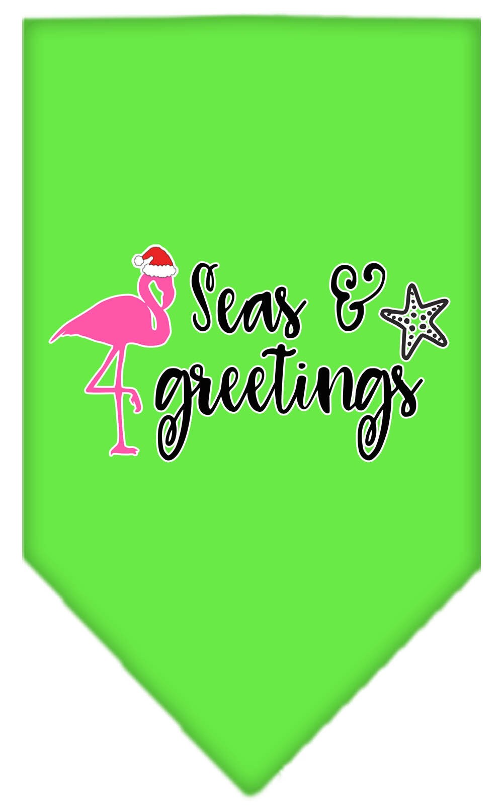 A festive Christmas pet bandana featuring the design 'Seas & Greetings', perfect for dogs of all sizes, showcasing a vibrant holiday theme.