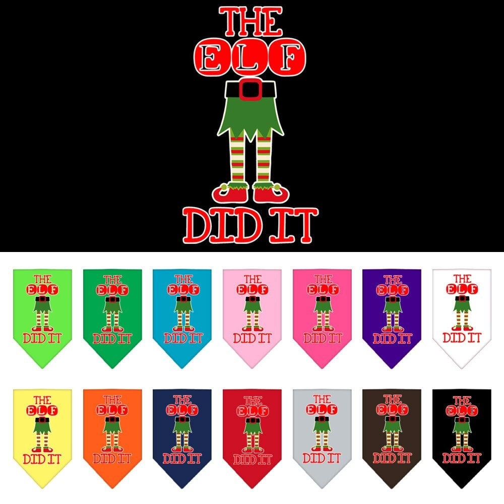 A festive Christmas dog bandana featuring the phrase 'The Elf Did It', designed for pets to wear during the holiday season.