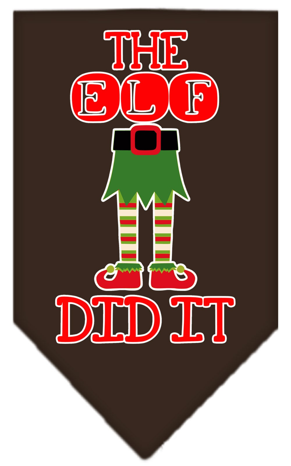 A festive Christmas dog bandana featuring the phrase 'The Elf Did It', designed for pets to wear during the holiday season.