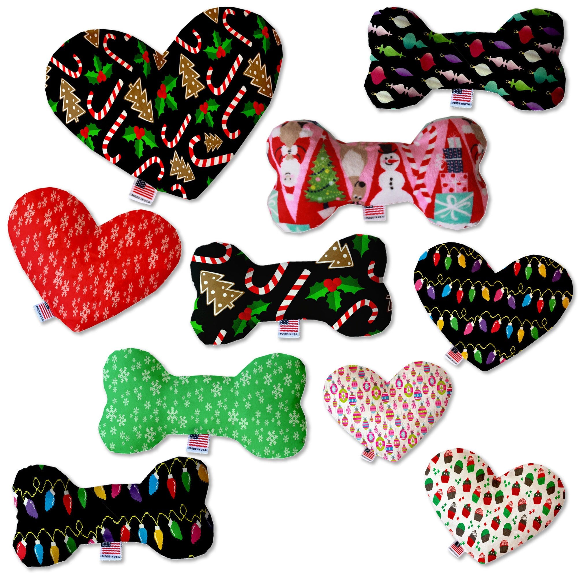 A festive Christmas plush toy shaped like a heart and a bone, featuring vibrant patterns and soft fabric, perfect for dogs and pets.