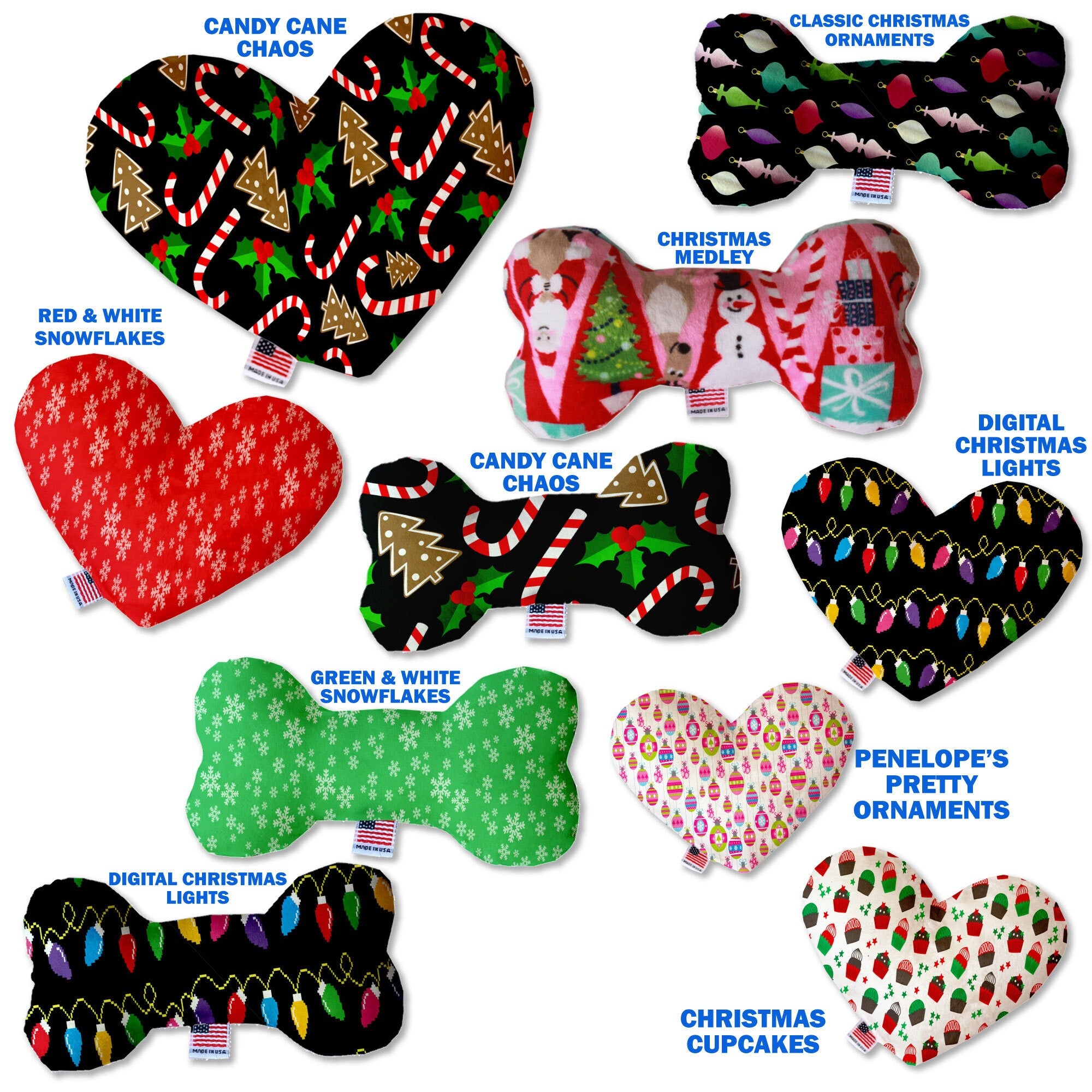 A festive Christmas plush toy shaped like a heart and a bone, featuring vibrant patterns and soft fabric, perfect for dogs and pets.