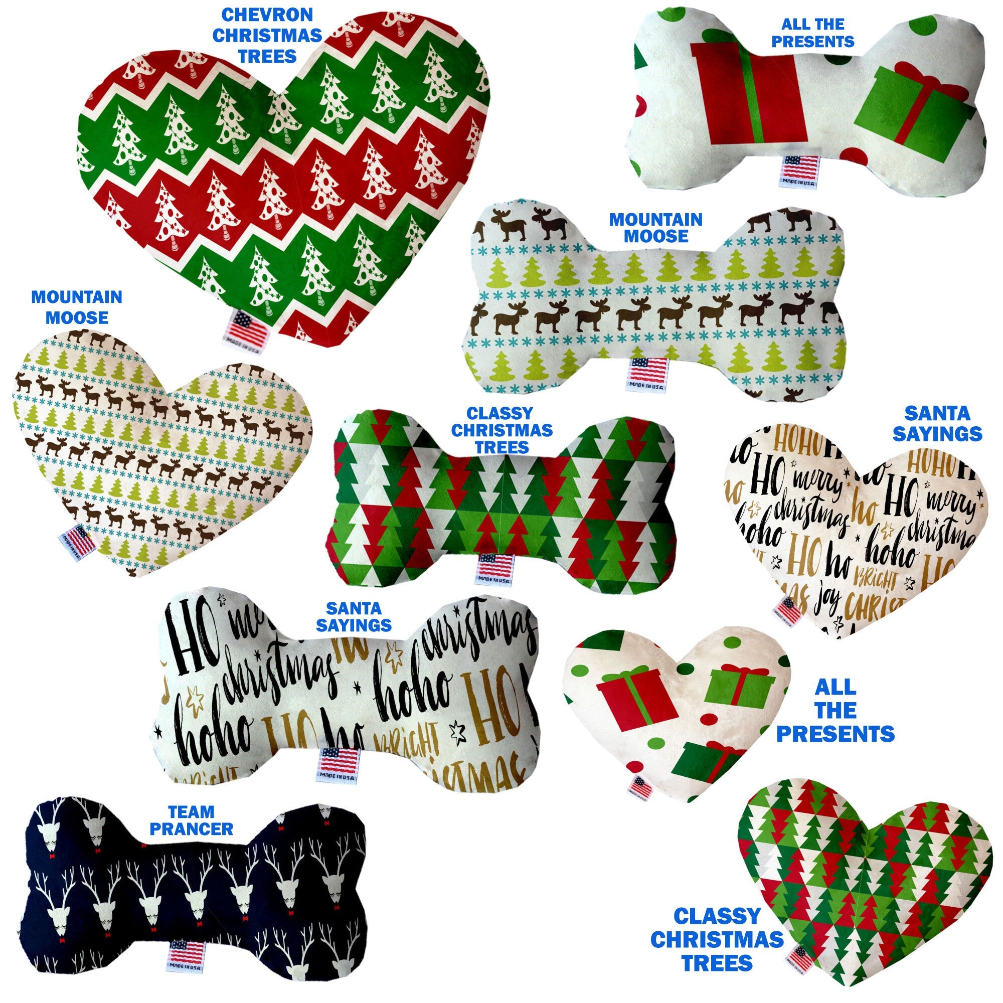 A plush heart and bone toy for pets, featuring festive Christmas patterns, soft texture, and squeakers, perfect for dogs and cats.