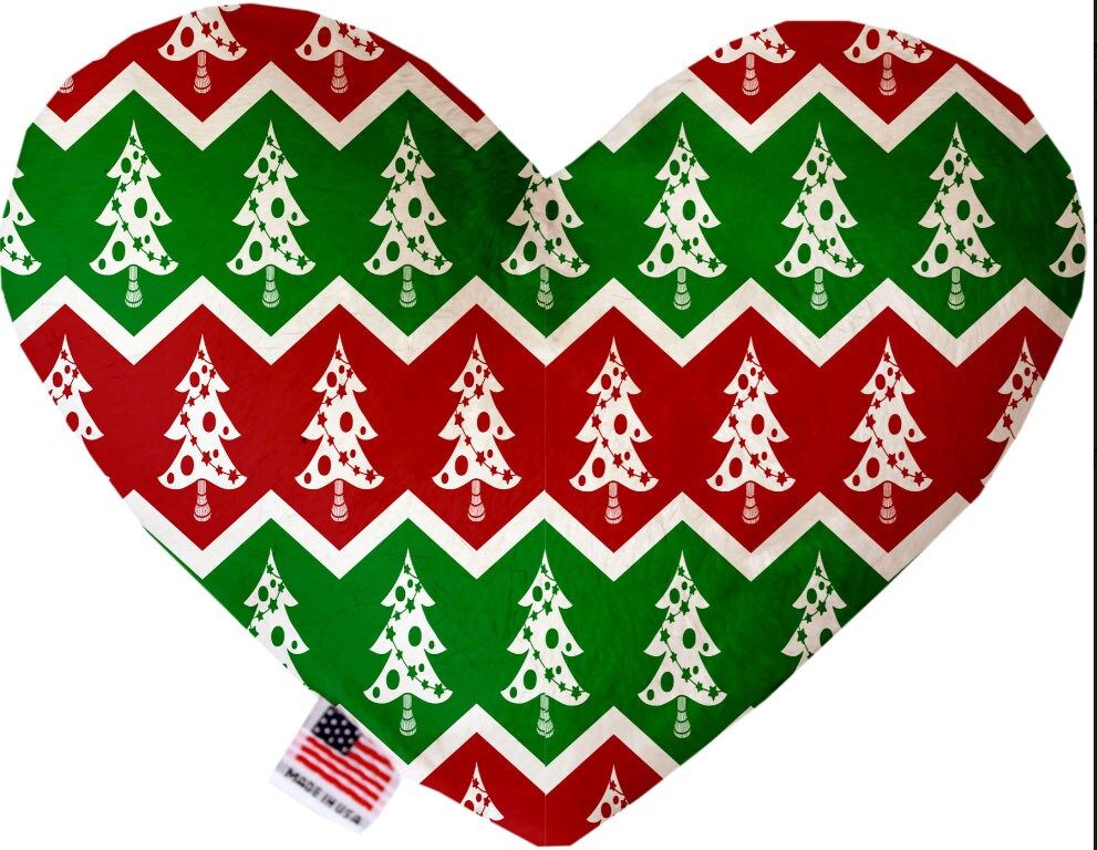 A plush heart and bone toy for pets, featuring festive Christmas patterns, soft texture, and squeakers, perfect for dogs and cats.