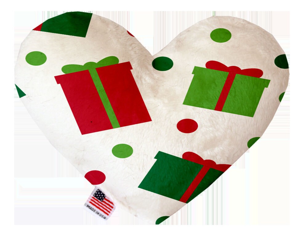 A plush heart and bone toy for pets, featuring festive Christmas patterns, soft texture, and squeakers, perfect for dogs and cats.