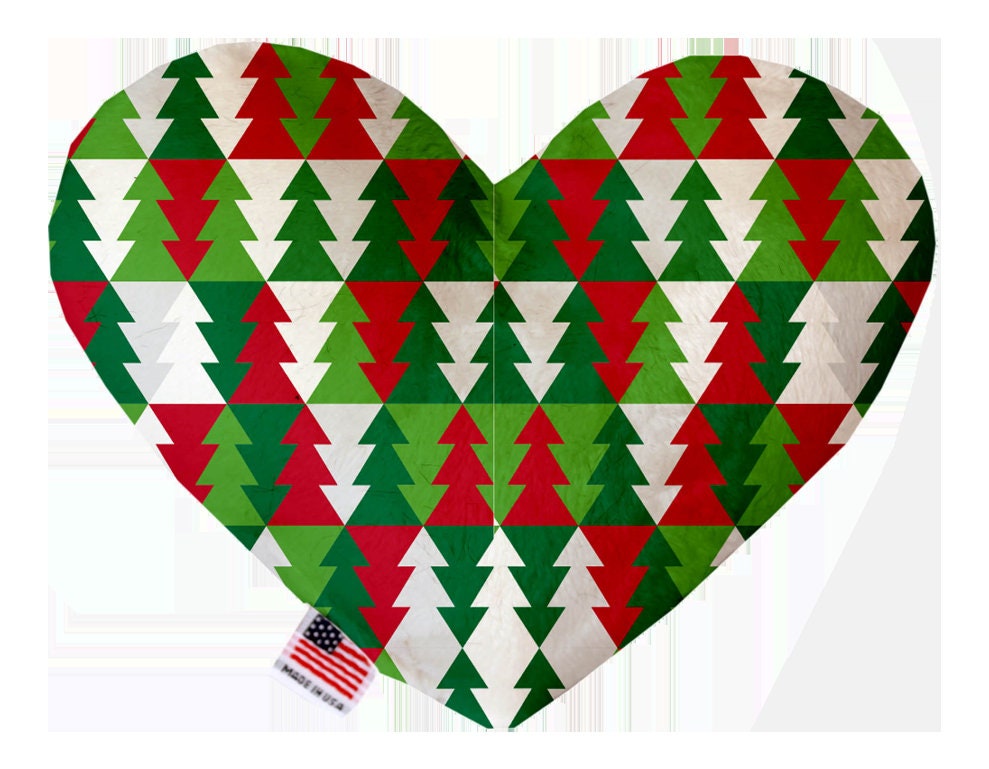 A plush heart and bone toy for pets, featuring festive Christmas patterns, soft texture, and squeakers, perfect for dogs and cats.