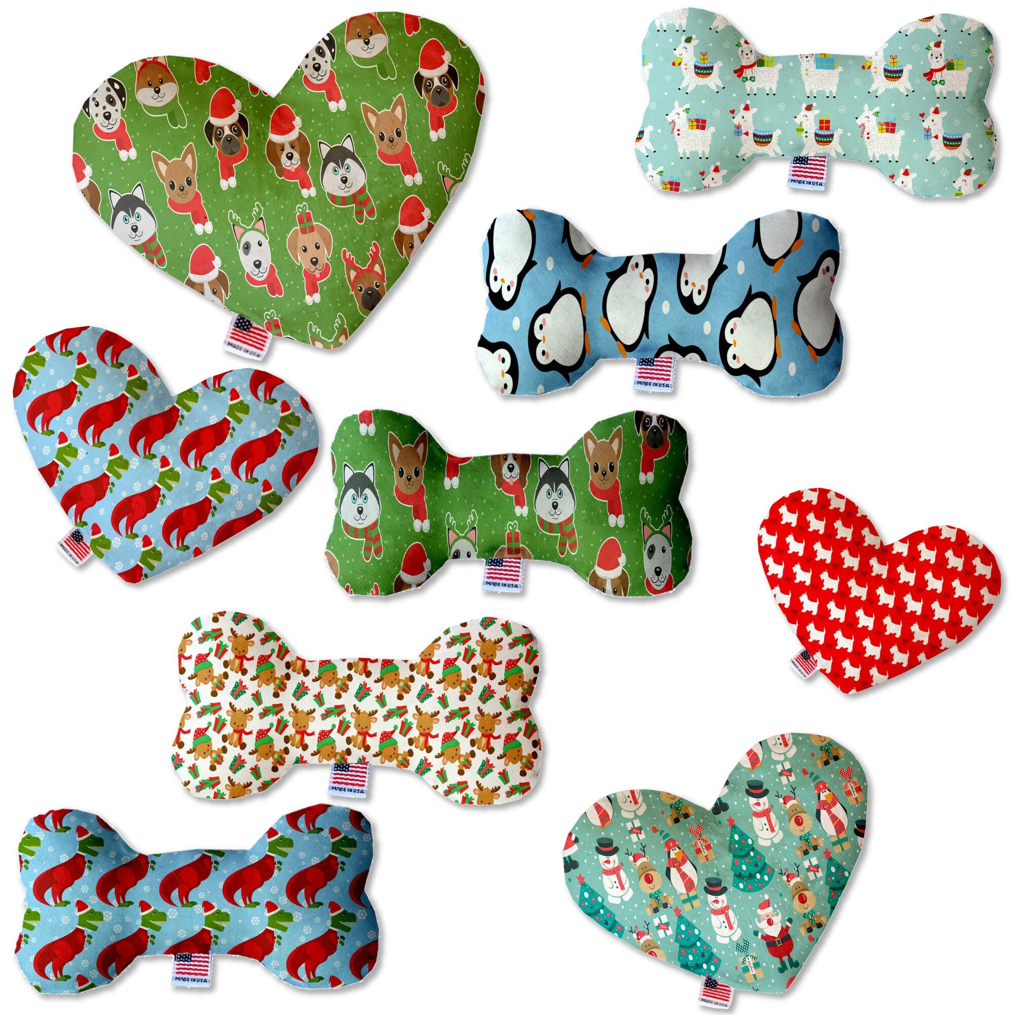 A festive Christmas plush toy shaped like a heart and a bone, designed for pets, featuring vibrant holiday patterns and soft, cuddly material.