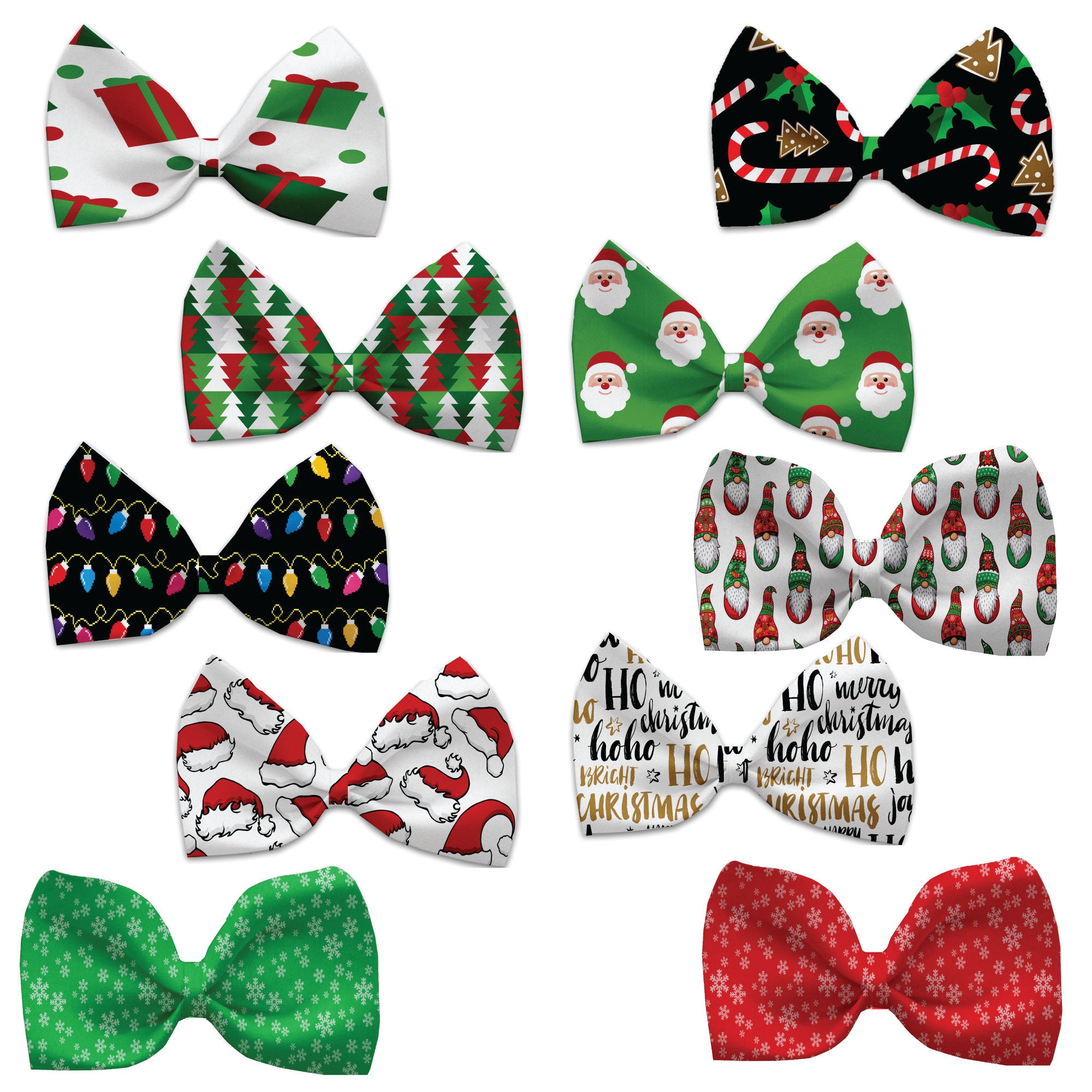 A festive dog and cat bow tie featuring Christmas carols patterns, made from silky polyester, suitable for neck sizes 10 to 19 inches.