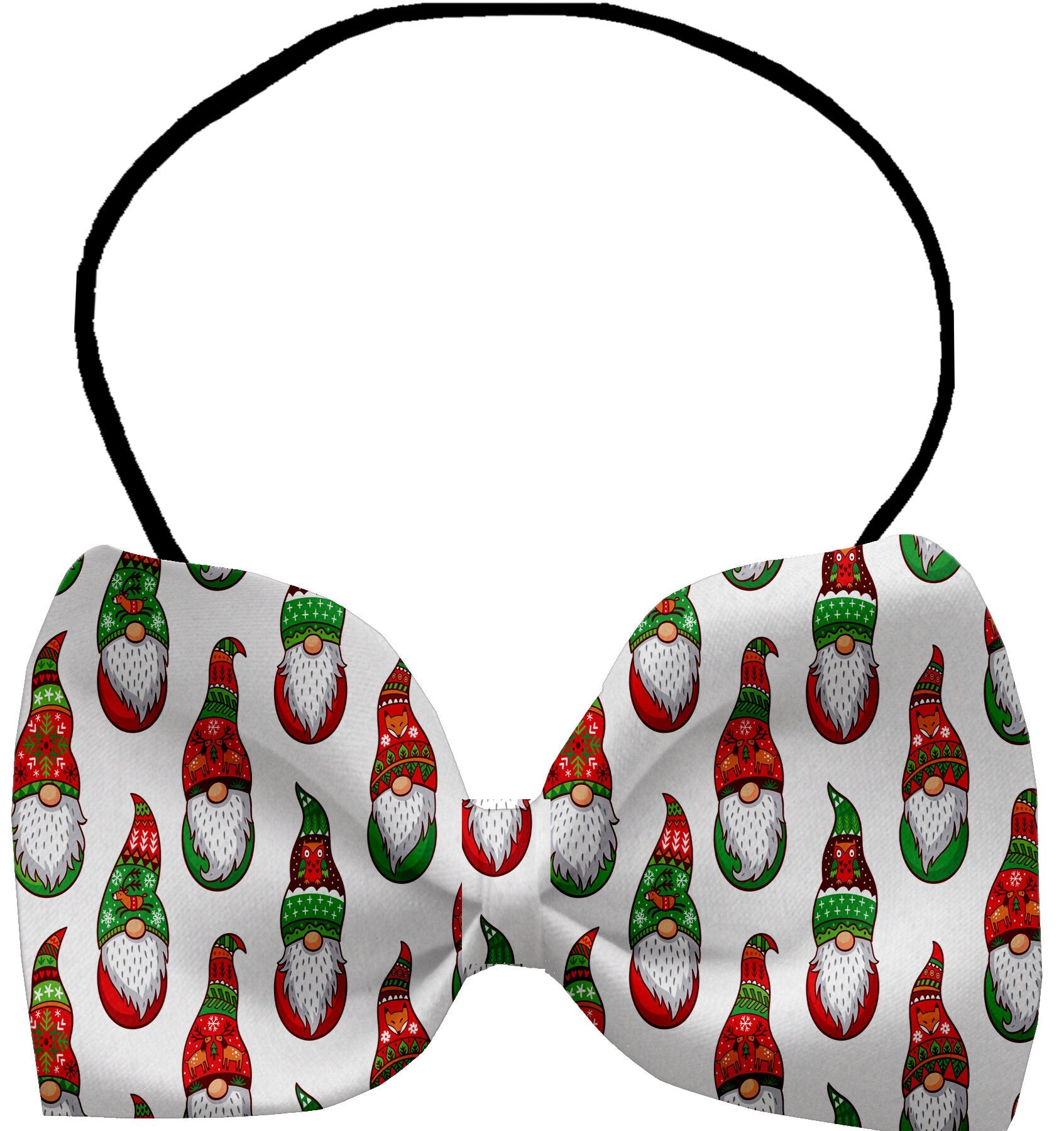 A festive dog and cat bow tie featuring Christmas carols patterns, made from silky polyester, suitable for neck sizes 10 to 19 inches.