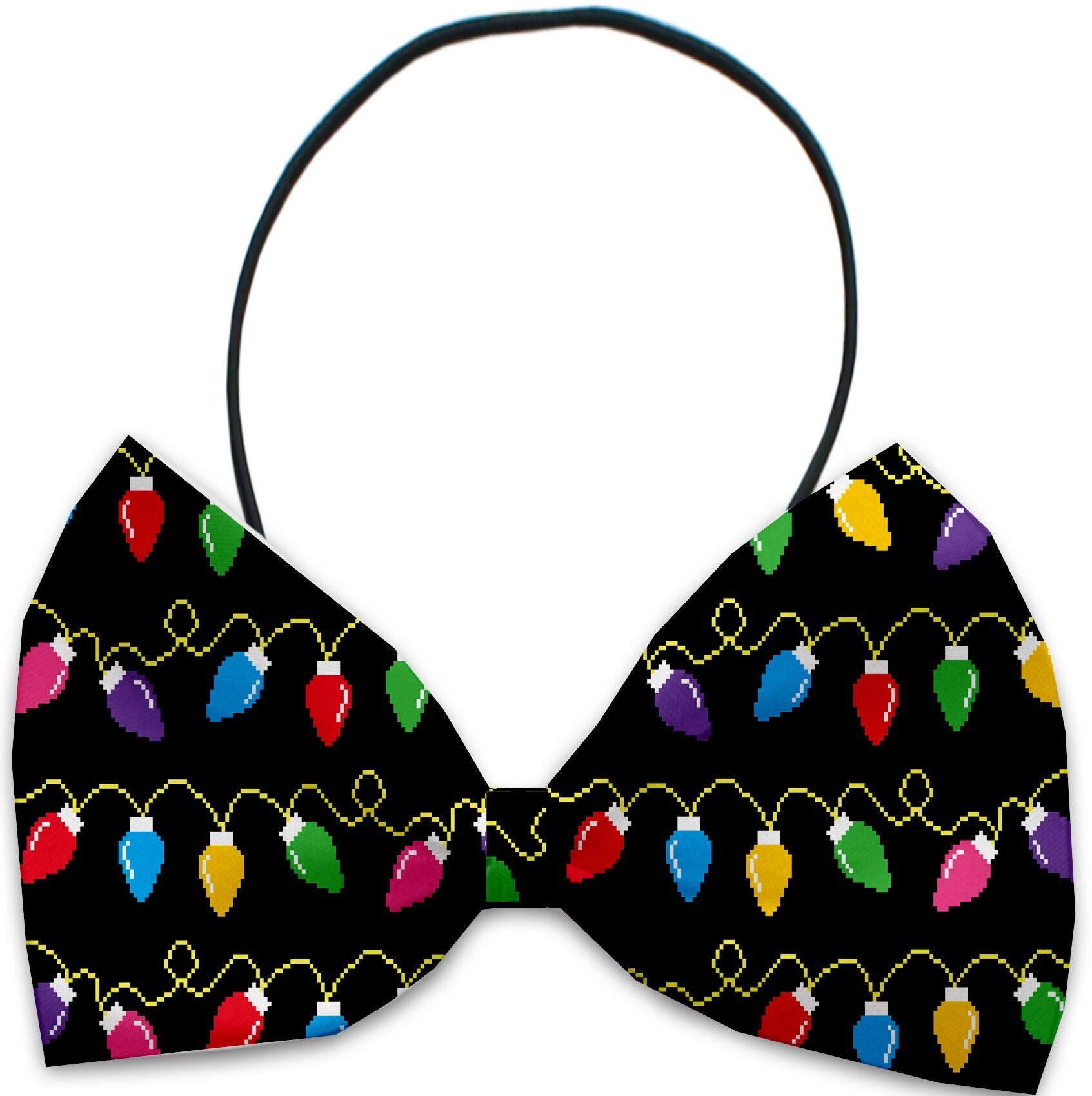 A festive dog and cat bow tie featuring Christmas carols patterns, made from silky polyester, suitable for neck sizes 10 to 19 inches.