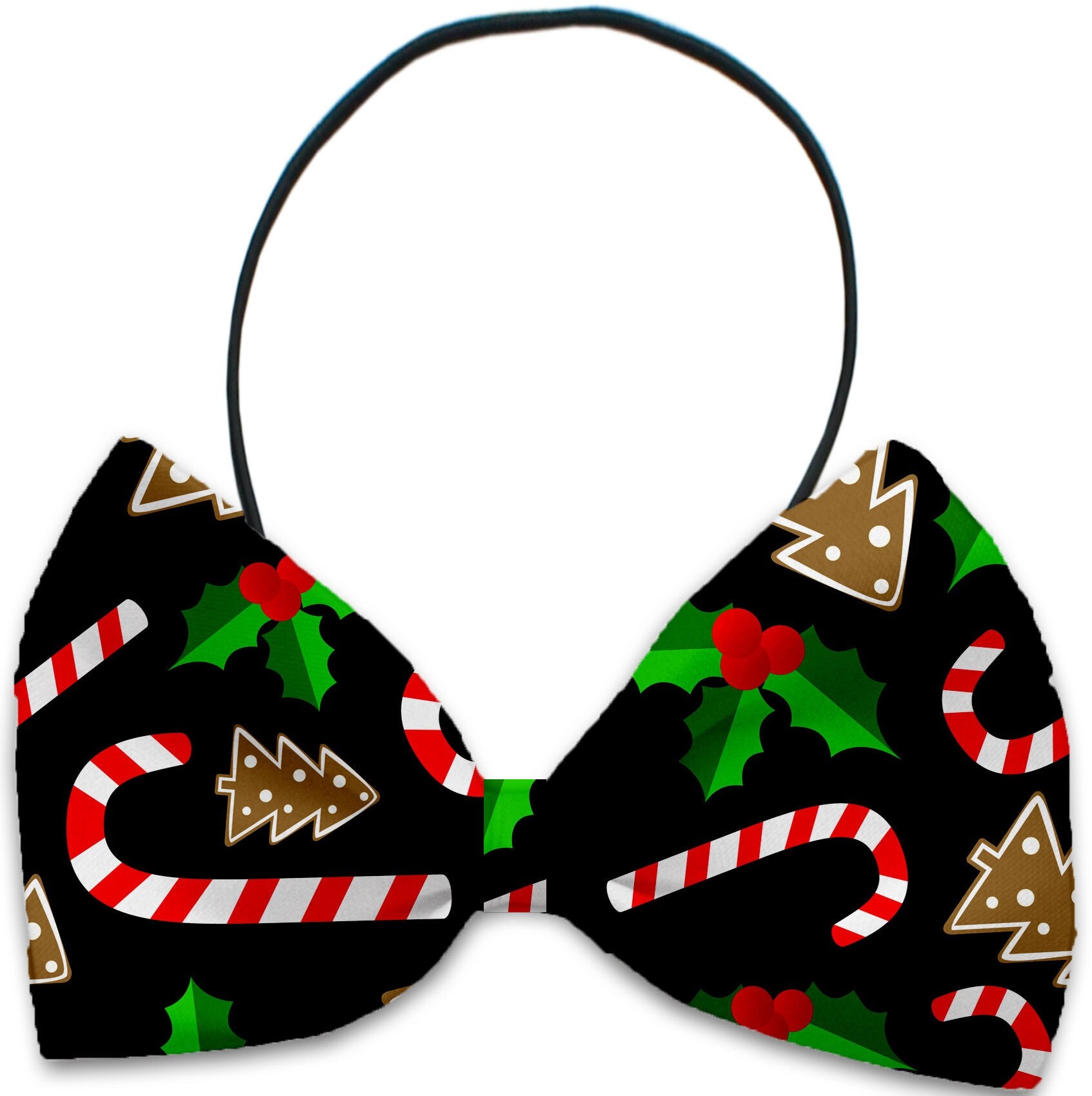 A festive dog and cat bow tie featuring Christmas carols patterns, made from silky polyester, suitable for neck sizes 10 to 19 inches.