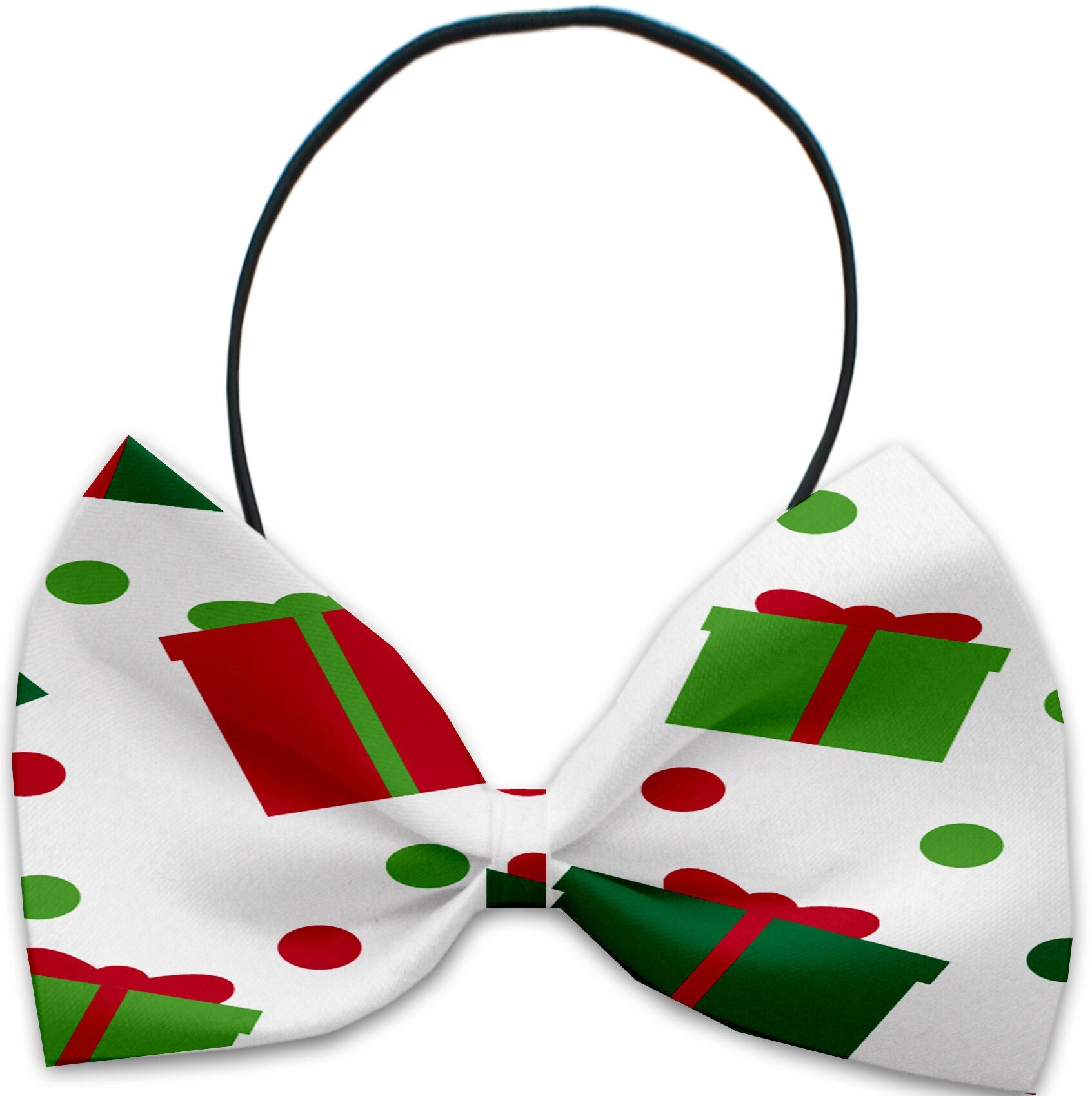 A festive dog and cat bow tie featuring Christmas carols patterns, made from silky polyester, suitable for neck sizes 10 to 19 inches.