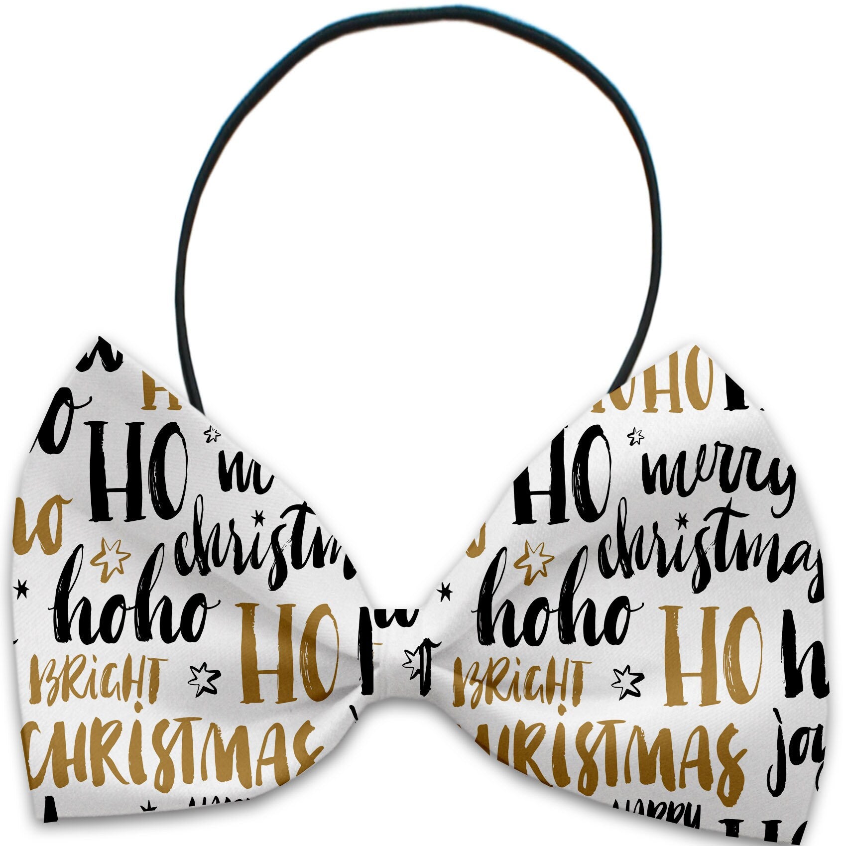 A festive dog and cat bow tie featuring Christmas carols patterns, made from silky polyester, suitable for neck sizes 10 to 19 inches.
