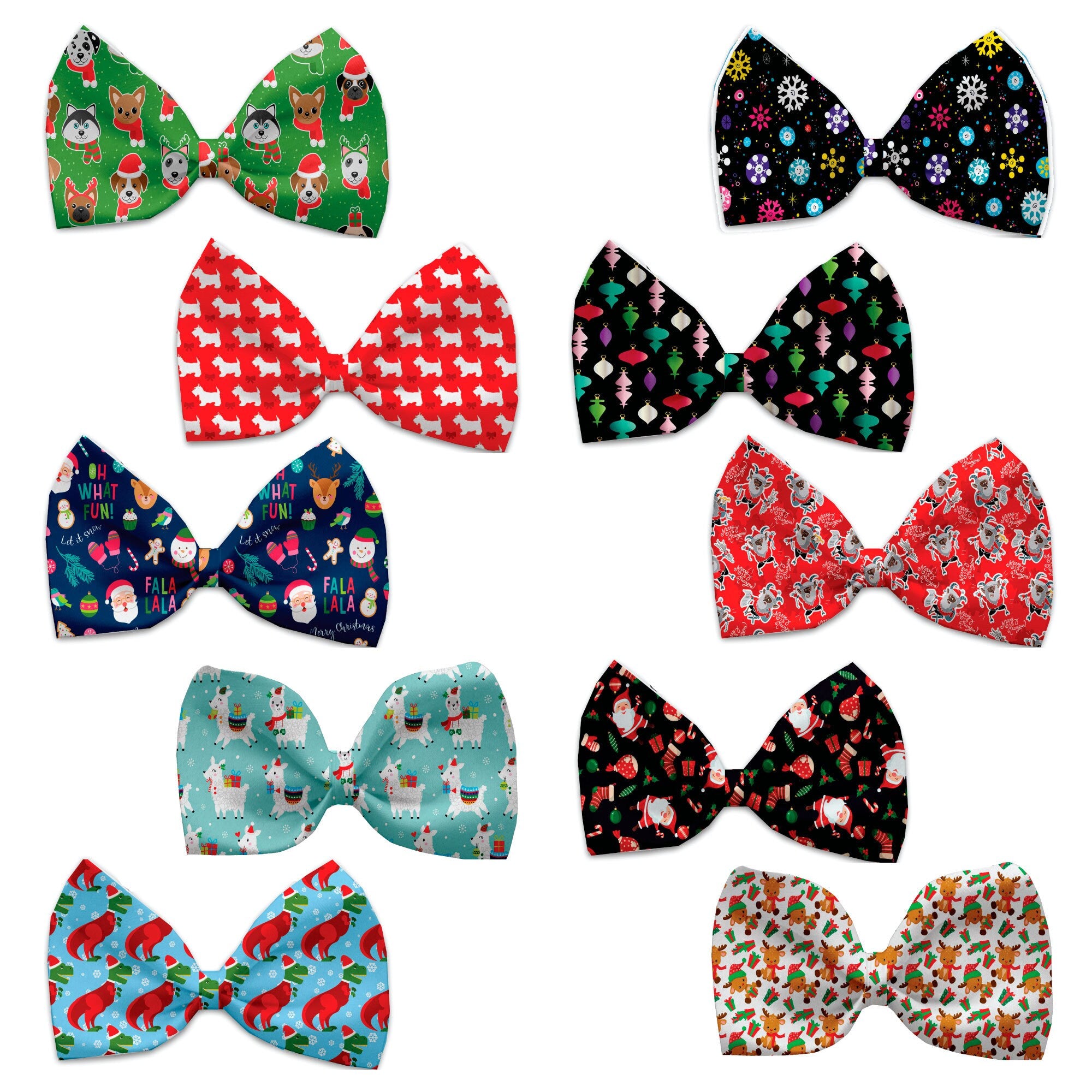 A collection of festive Christmas bow ties for dogs and cats, featuring various colorful patterns and made from silky polyester.
