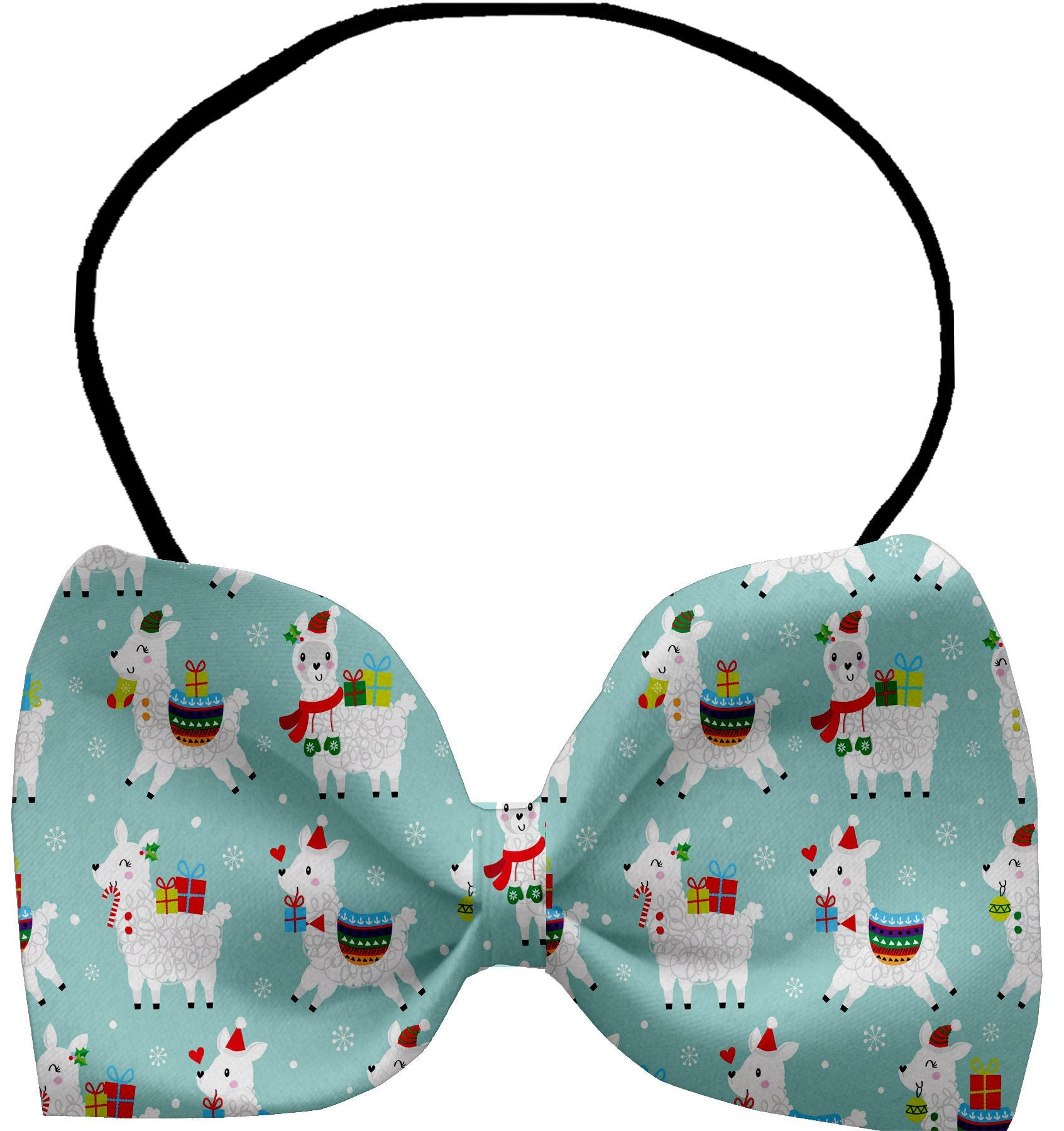 A collection of festive Christmas bow ties for dogs and cats, featuring various colorful patterns and made from silky polyester.