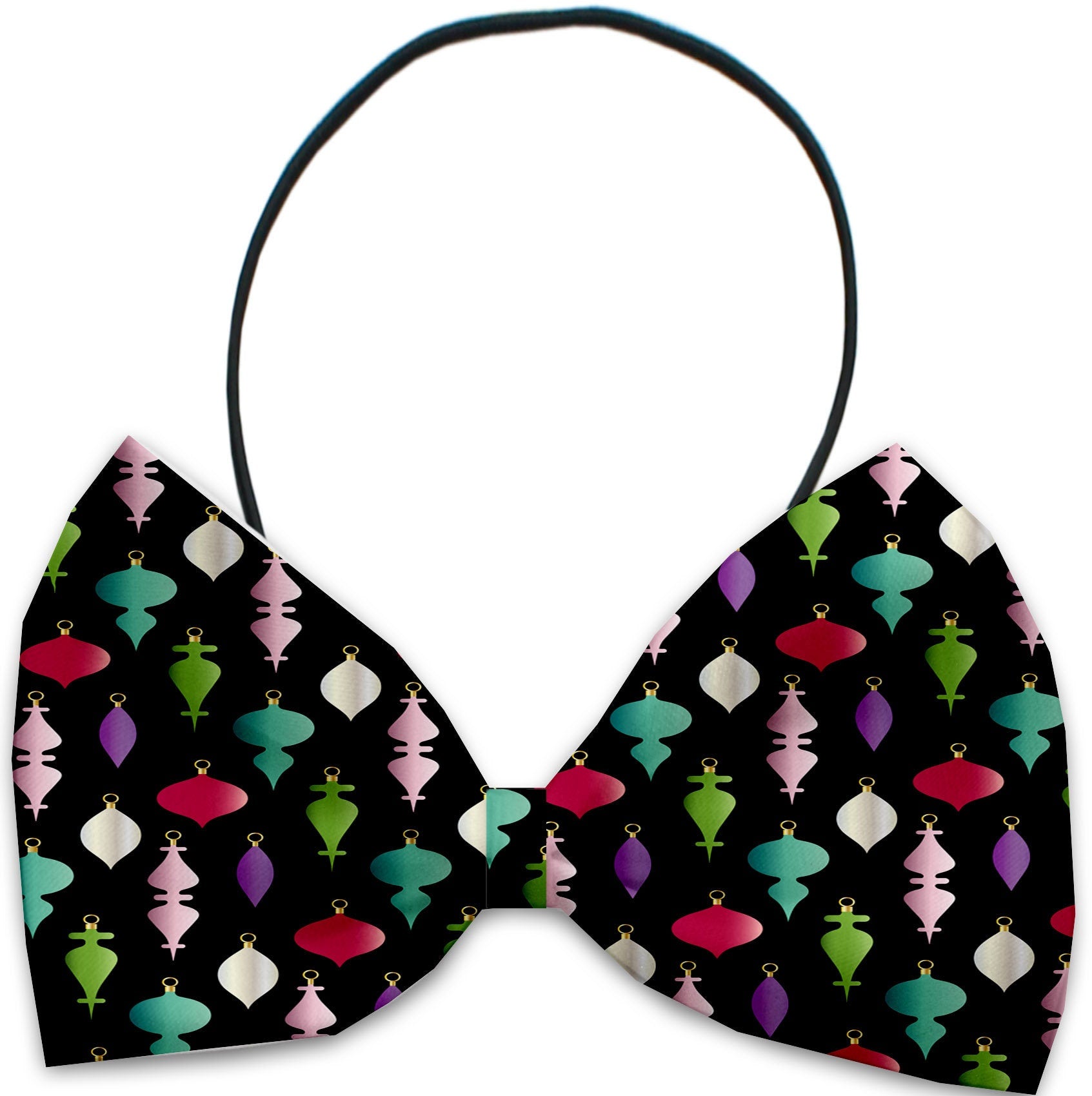 A collection of festive Christmas bow ties for dogs and cats, featuring various colorful patterns and made from silky polyester.