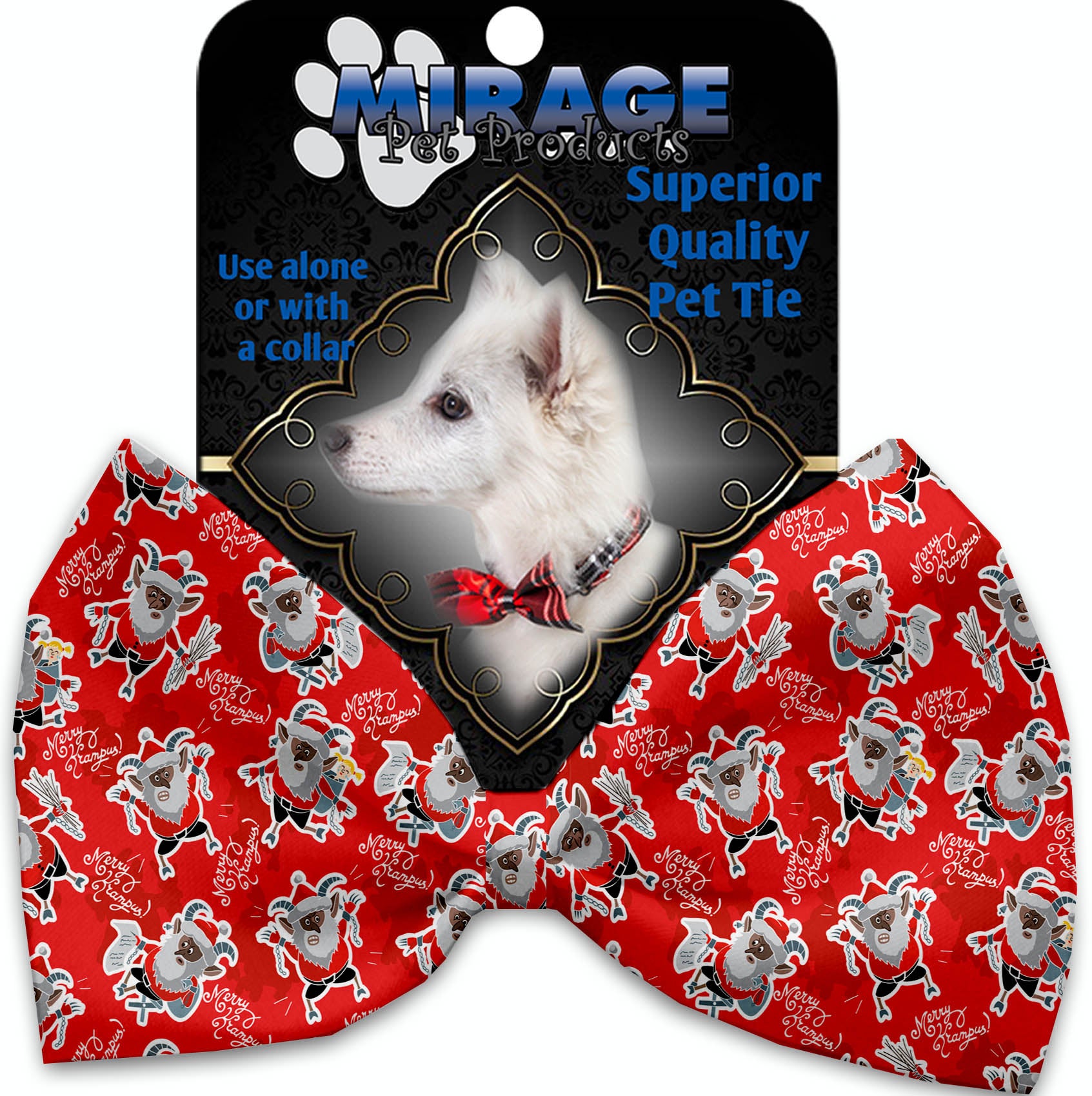 A collection of festive Christmas bow ties for dogs and cats, featuring various colorful patterns and made from silky polyester.