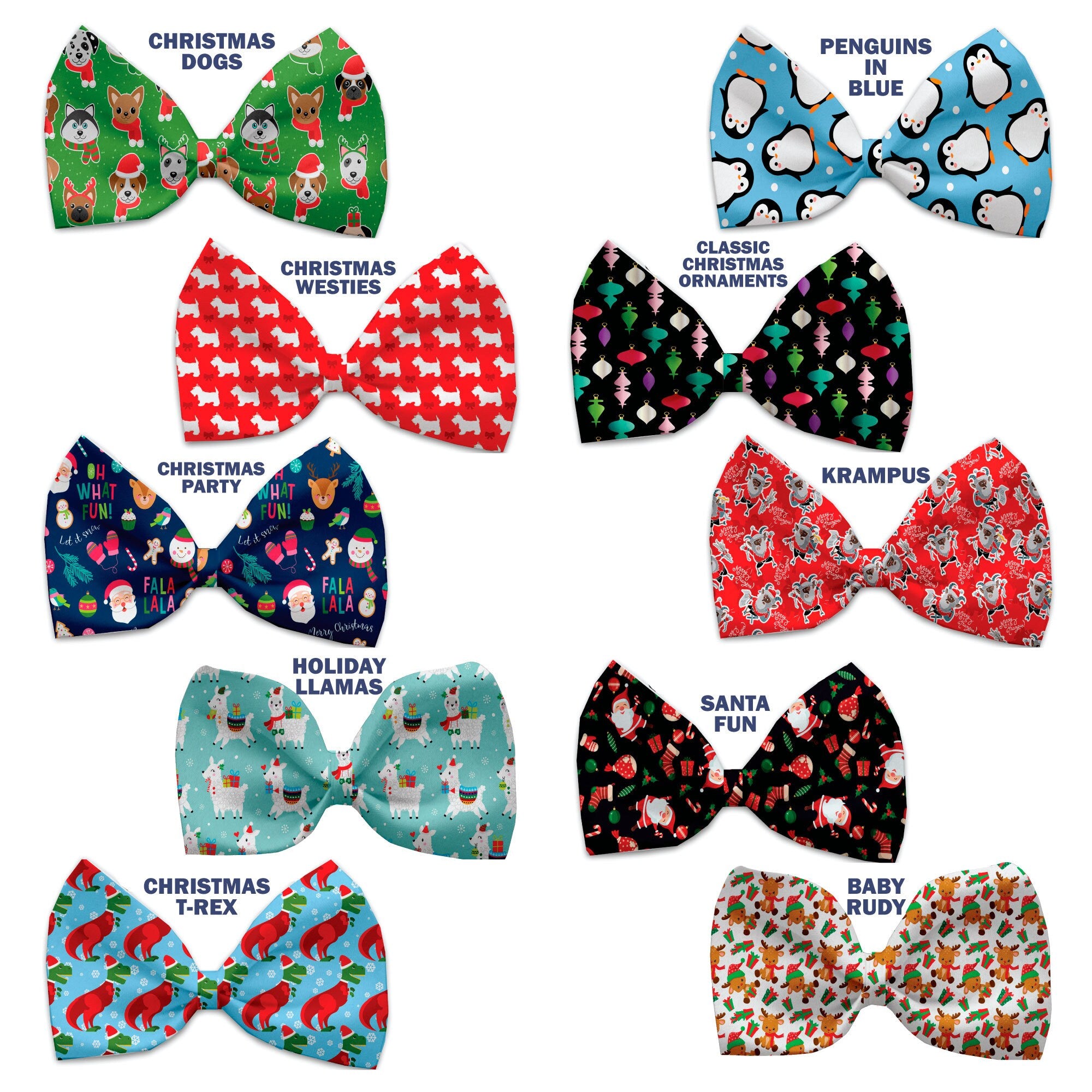 A collection of festive Christmas bow ties for dogs and cats, featuring various colorful patterns and made from silky polyester.